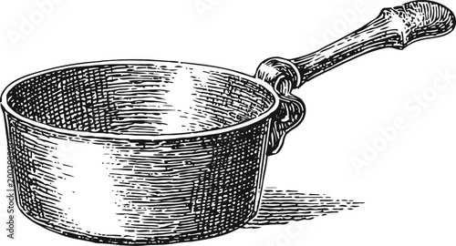 Vintage copper saucepan with wooden handle, detailed engraved illustration of cooking pot