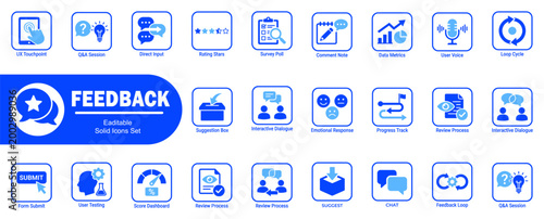 Modern feedback solid icons and symbols. Including ui touchpoint q&a session direct input rating star survey poll comment meta data metrics user voice loop cycle suggestion box.