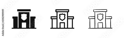 Police station building icon set with shield emblem in flat, outline, and sketch styles.