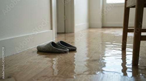 Flooded floor inside house with water leaking from bathroom door. Slippers on wet wooden planks. Damage caused by pipe burst or plumbing issue. Disaster and home insurance concept.