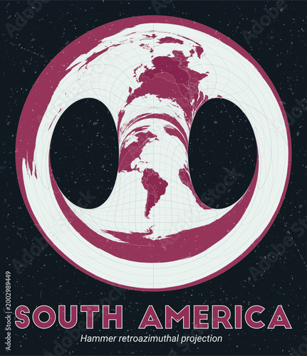 South America. World map. Hammer retroazimuthal projection centered to South America. Pale Mint Dark Pink palette. Vintage texture. Trending vector illustration.