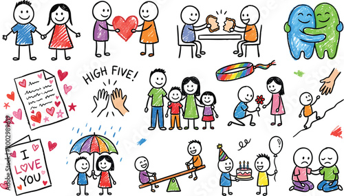 Diverse stick figure illustrations depicting connection friendship and shared moments