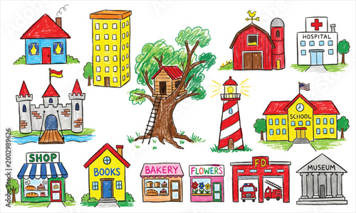 Collection of colorful hand-drawn buildings and structures on a white background in a childlike style