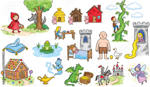 Fairy tale characters and scenes with crayon texture for children's book illustrations