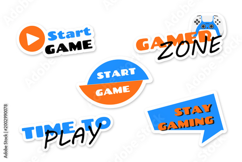 Gamer zone and start game sticker set, vector gaming labels with controller and slogans for stream and merchandise