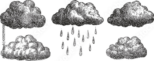 Vintage hand drawn clouds and rain drops set weather symbols, sketch illustrations of different cloud shapes and rain