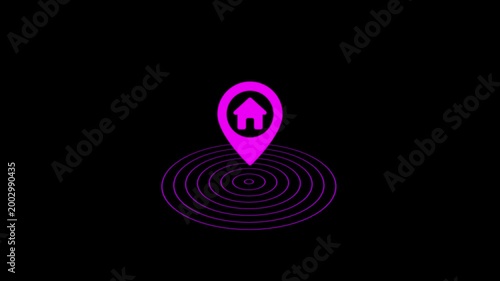 Neon pink home location pin with pulsing radar effect on black background, house real estate