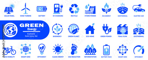 Green energy solid icons set. Featuring sustainable environment solar panel wind turbine battery electric vehicle charging recycle bio energy and hydro power.