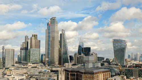 Photography London financial district skyline with modern skyscrapers architecture