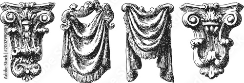 Ornate vintage architectural elements with decorative corbels and draped fabric swags in antique