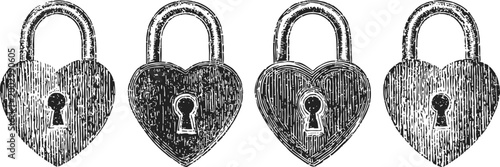 Hand drawn heart shaped locks with keyholes in vintage sketch set of four
