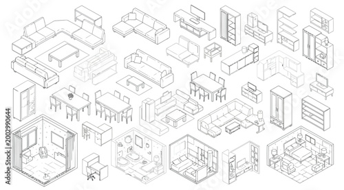 фотографія Isometric furniture collection for interior design, 3d vector illustrations