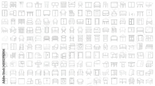 Large set of furniture icons in front view, flat vector illustration