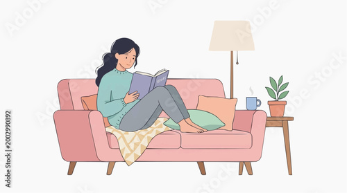 A young woman finds solace in reading on a comfortable couch, immersed in her novel. The scene is of pure relaxation and literary exploration within the cozy embrace of home.