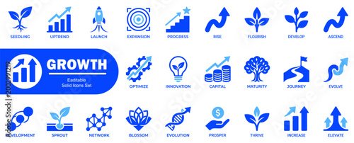 Growth concept solid icons set with seedling, uptrend, launch, expansion, progress rise and more.