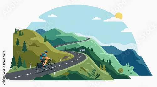 A cyclist enjoys a scenic ride along a winding road amidst rolling hills and lush greenery, embracing the thrill of the open road and the beauty of nature.