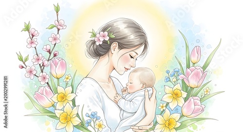 Mother tenderly holds baby surrounded by blooming flowers and soft light