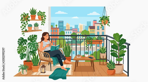 A woman leisurely enjoys a quiet moment of reading on a balcony, surrounded by potted plants and a city view, capturing the essence of relaxation and urban greenery.