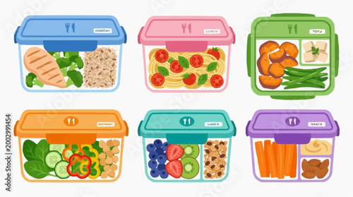 A colorful array of packed lunches, featuring fresh ingredients and various meal components, offering a balanced and nutritious eating experience.