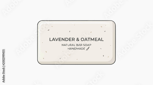 An artisanal lavender and oatmeal soap bar presents a blend of natural ingredients.
