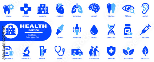 Eaditable solid icons set health service concept. Including medical hospital, cardio, dental, optical, audio, mobility, genetics pharma, vaccine, insurance, diagnostics, biotech clinic emergency.