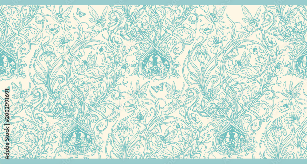 Obraz premium Vintage Art Nouveau horizontal border with fairies, gnomes and floral scrolls in teal line art