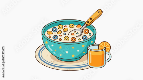 A vibrant illustration showcases a wholesome breakfast scene, with a bowl of cereal, spoon and a glass of juice.