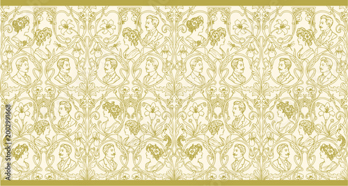 Vintage decorative border featuring elegant Victorian portraits of men and women framed by flowing floral and botanical motifs.