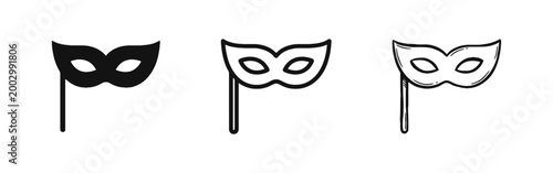 Masquerade mask icon set in flat, outline, and doodle styles for carnival and party designs