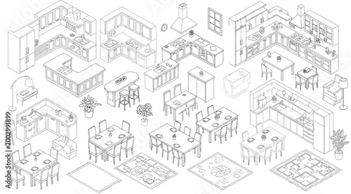 Set of isometric kitchen furniture and dining room elements