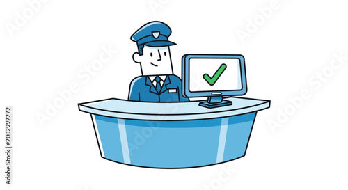 Security guard at checkpoint with computer and checkmark