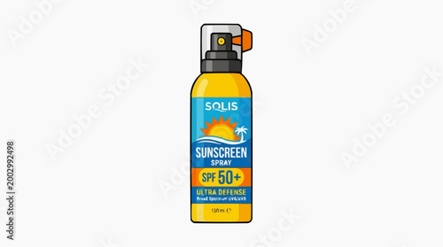 A vibrant sunscreen bottle, standing alone. Essential for sun protection during outdoor adventures. A high-angle shot showcasing a singular bottle with its cap and nozzle.