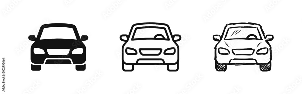 Obraz premium Car icon set in flat, line, and doodle styles for automotive, transport, and travel designs