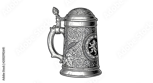 Фотография Vintage Beer Stein Illustration, Ornate Pewter Mug with Lid, Traditional German