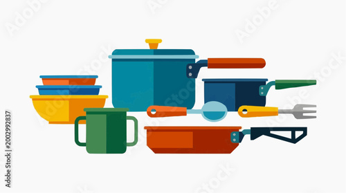 A delightful array of kitchen essentials artfully arranged against a simple background. Including colorful pots, pans, dishes, mugs, and utensils, inviting culinary creativity. 