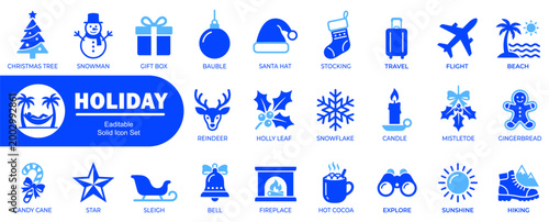 Holiday festive icons set. Featuring Christmas trees, snowman, gift boxes, baubles, santa hats, stockings, travel flight, beach, items reindeer, holly,snowflake candle.