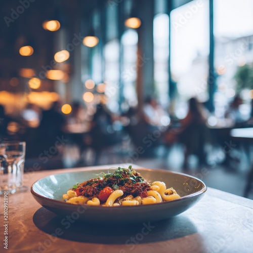 Pasta with sauce is served on a table inside a restaurant during the evening when many guests are dining