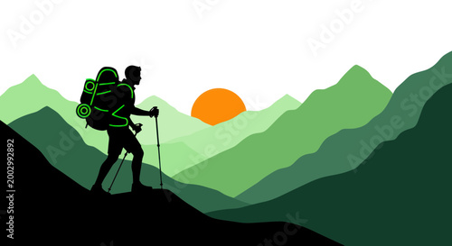Hiker silhouette at sunrise in mountains, adventure, travel, outdoor activity, landscape