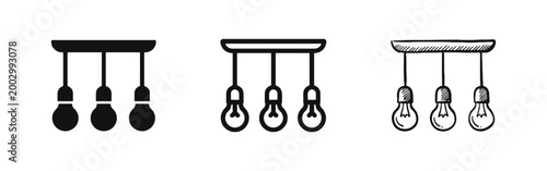 Pendant light fixture icon set with three bulbs for interior design and home decor concepts