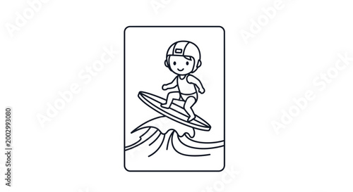 Cute cartoon surfer kid riding a wave on a surfboard, line art illustration.