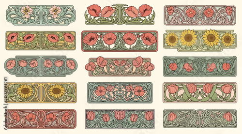 Foto Set of art nouveau floral decorative borders and frames with poppies, sunflowers