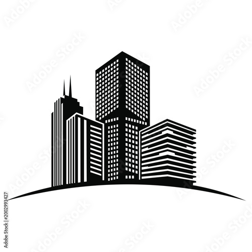 A black and white illustration of a city skyline with several tall buildings