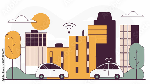 Smart city concept with autonomous electric cars and wireless connectivity
