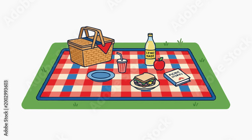A delightful picnic scene, complete with a wicker basket, checkered blanket, and an array of food items, creating a simple, idyllic setting.