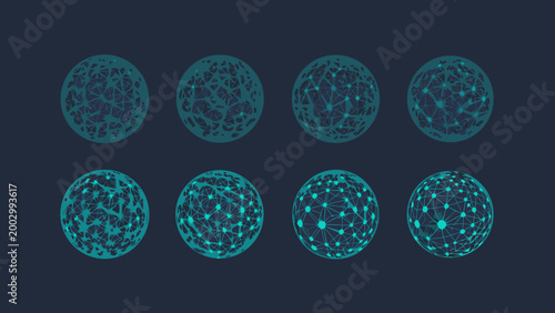 wireframe sphere progression a series of teal geometric spheres evolving from fragmented to complete high quality professional detailed