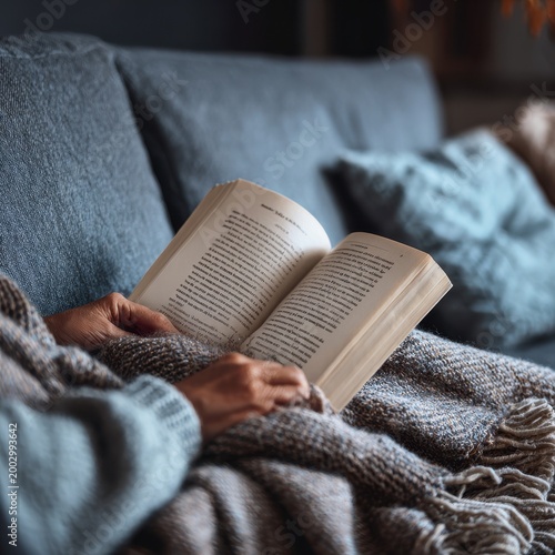 A person holds a book while sitting on a couch covered by a blanket, enjoying a quiet evening indoors