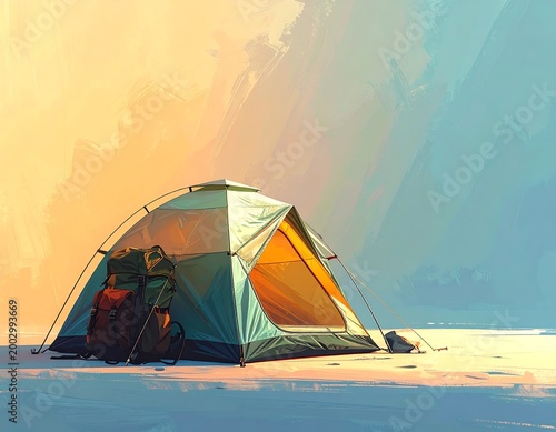 Illustrated camping tent with hiking backpack standing on ground during golden hour under soft light. AI Generative