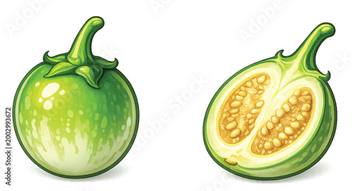 Thai Eggplant Whole and Half Cut Isolated on Transparent Background