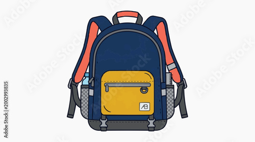 A close-up image of a vibrant, meticulously designed backpack. The illustration showcases a fusion of functionality and contemporary style.