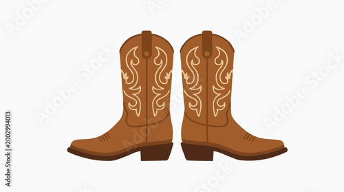 A close-up captures the essence of classic western footwear: a pair of ornately crafted cowboy boots. The focus is on the intricate detail. 